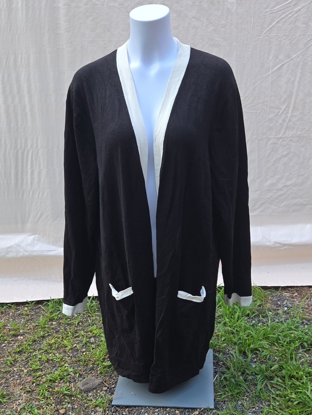 George Black Open-Front Cardigan with Cream Trim